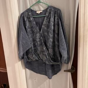 Love stitch blue chambray faux wrap tunic top floral embroidered boho size s